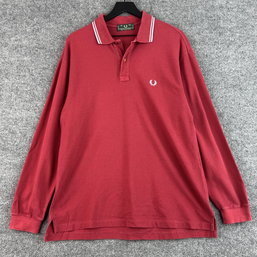 Fred Perry Long Sleeve Polo Men XL Red White Twin Tipped Pique Logo Y2K